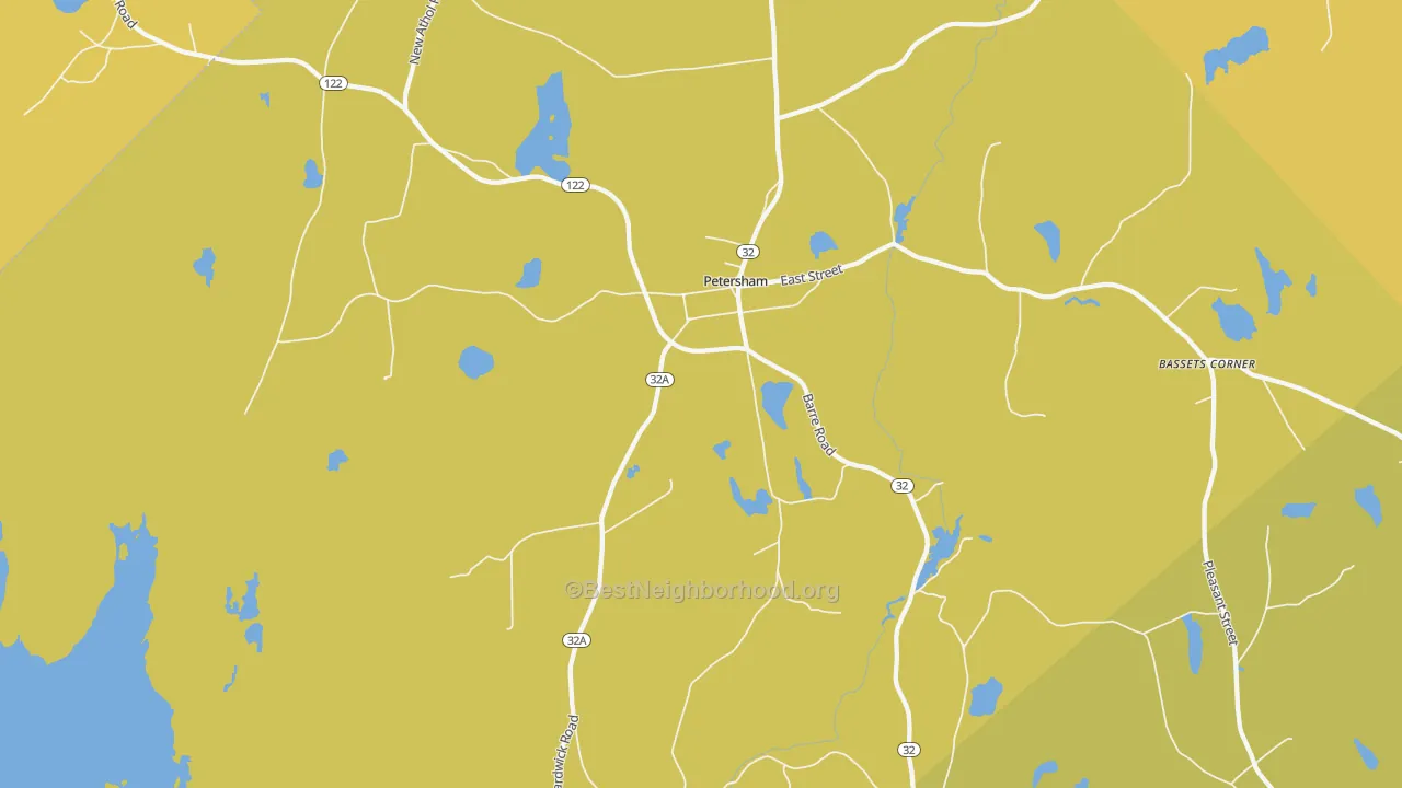 Map of the best neighborhoods in the Petersham area, with better matches in green and worse matches in red