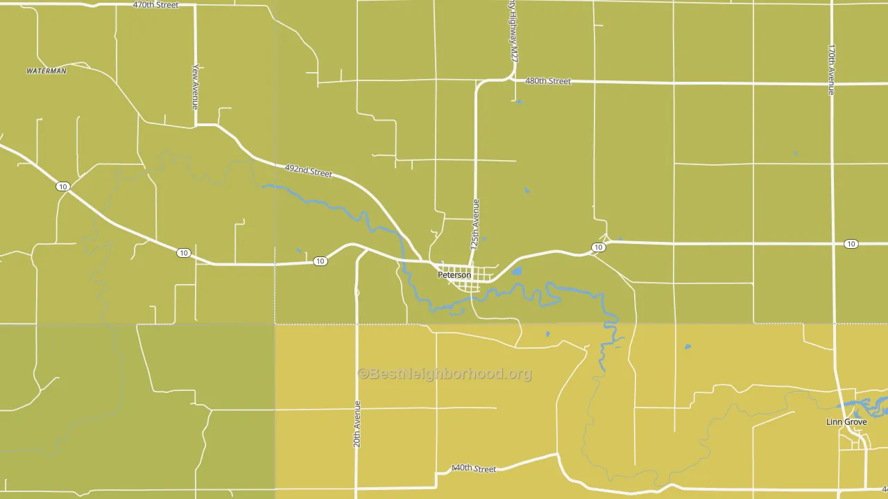 Map of the best neighborhoods in the Peterson area, with better matches in green and worse matches in red