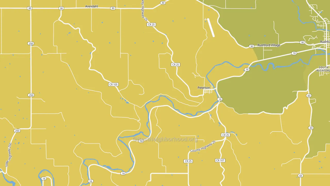 Map of the best neighborhoods in the Peterson area, with better matches in green and worse matches in red