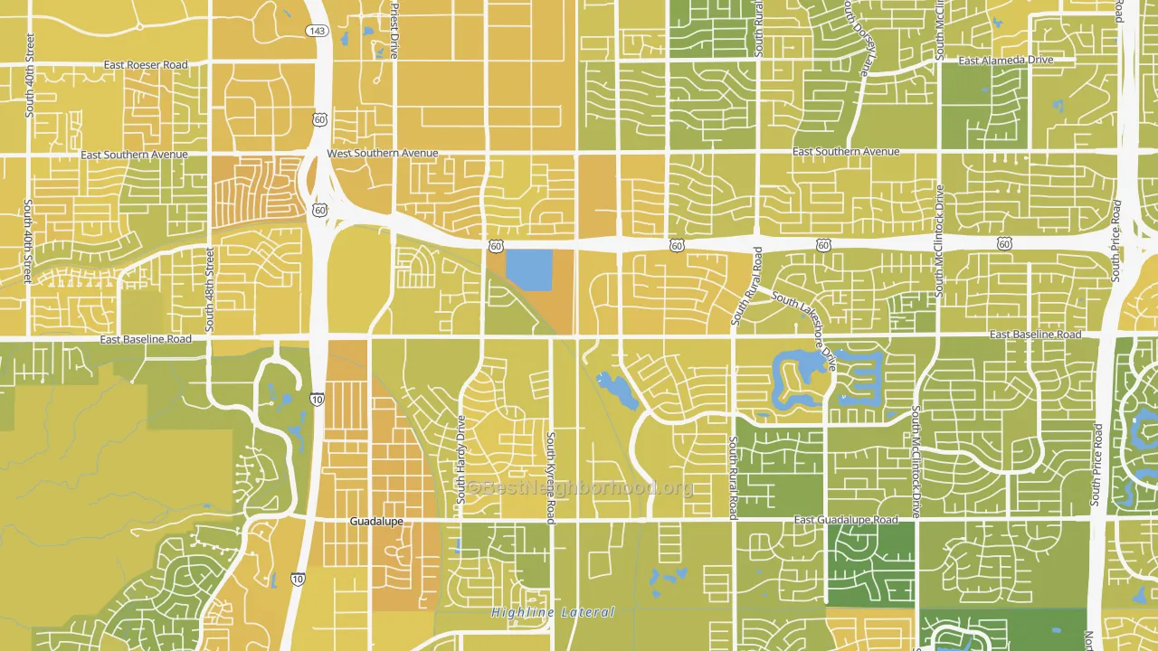 Map of the best neighborhoods in the Peterson, Tempe area, with better matches in green and worse matches in red