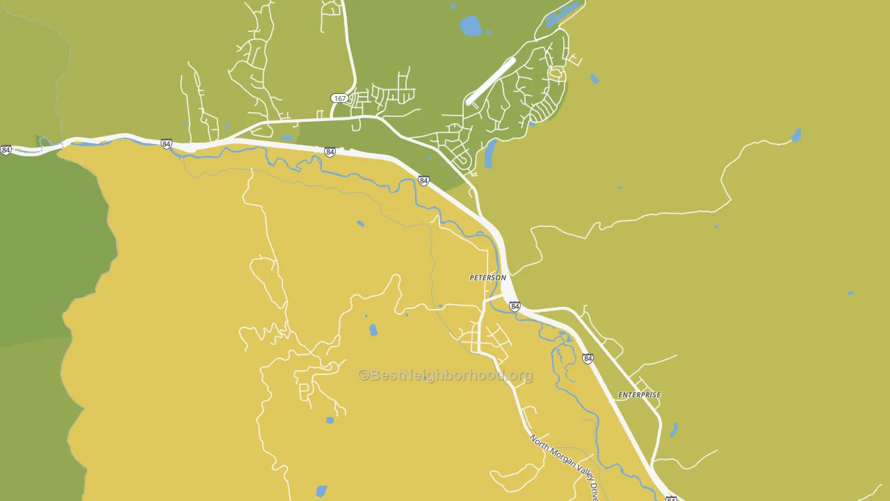 Map of the best neighborhoods in the Peterson area, with better matches in green and worse matches in red