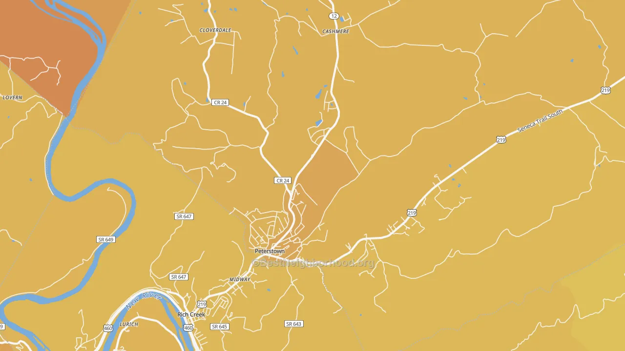 Map of the best neighborhoods in the Peterstown area, with better matches in green and worse matches in red