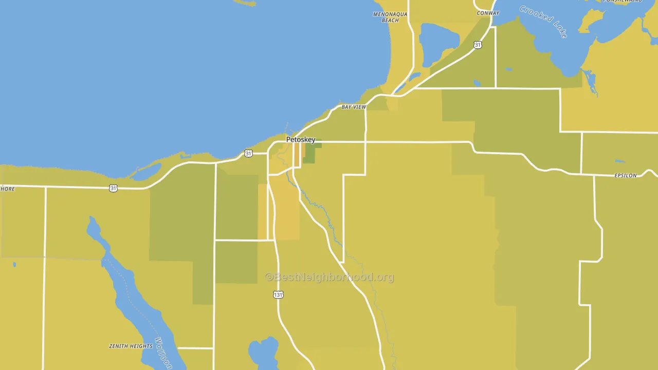 Map of the best neighborhoods in the Petoskey area, with better matches in green and worse matches in red