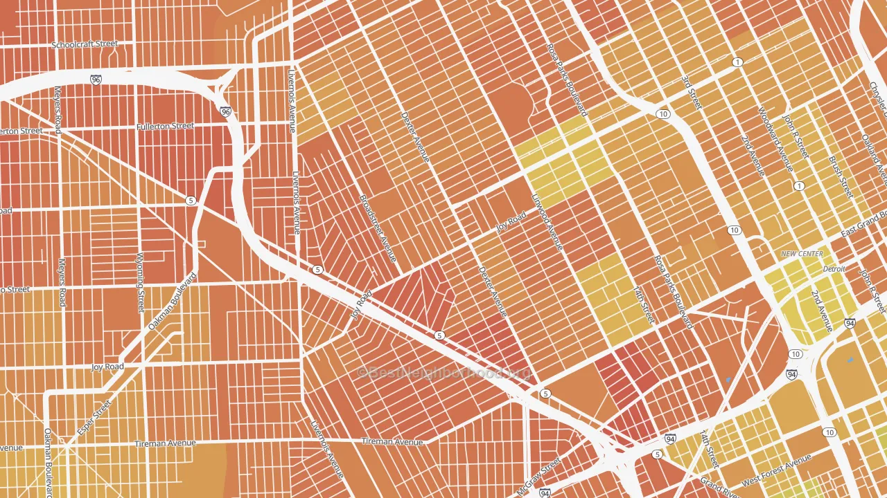 Map of the best neighborhoods in the Petosky-Otsego, Detroit area, with better matches in green and worse matches in red