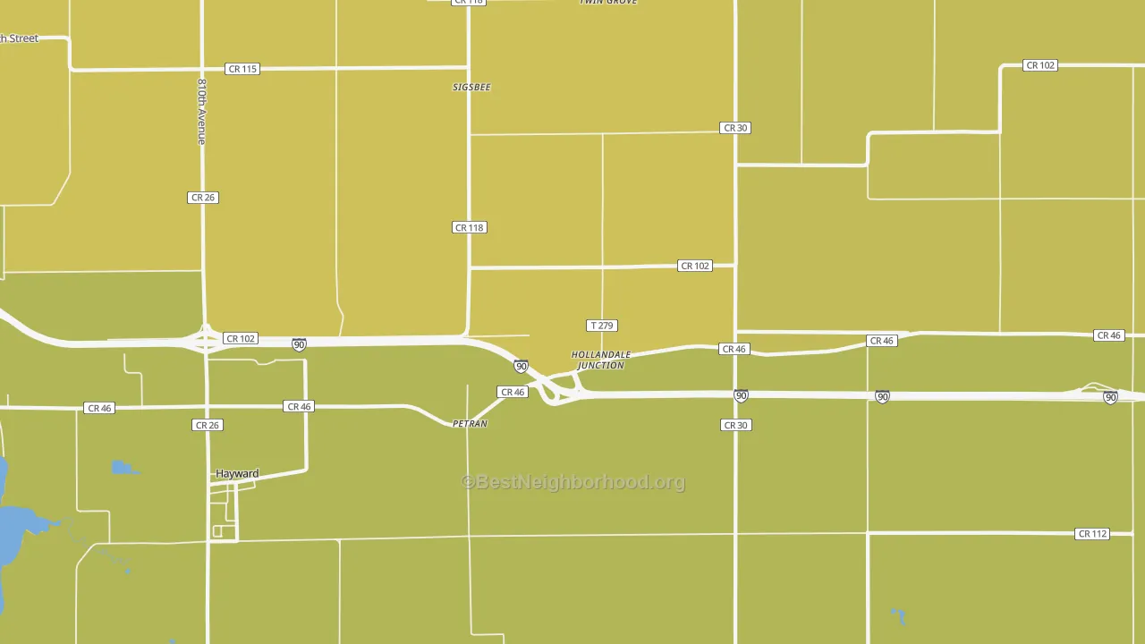 Map of the best neighborhoods in the Petran area, with better matches in green and worse matches in red