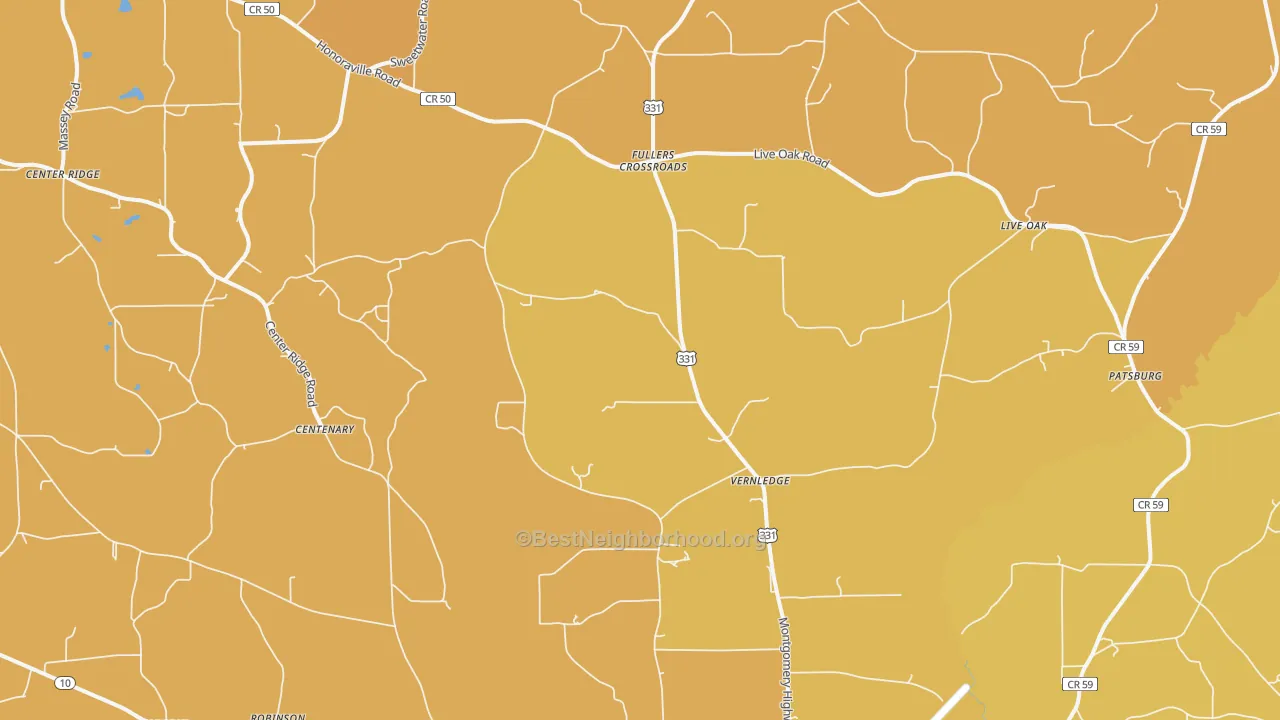 Map of the best neighborhoods in the Petrey area, with better matches in green and worse matches in red