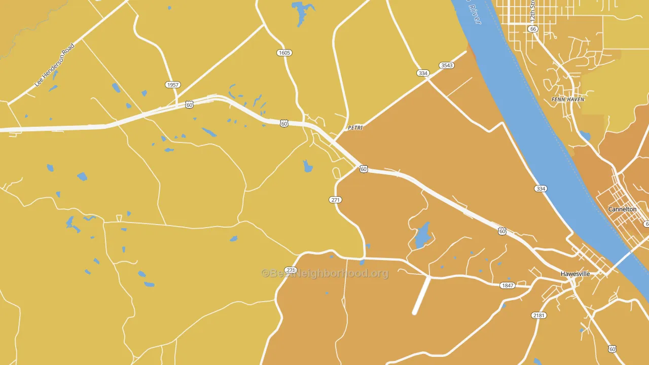 Map of the best neighborhoods in the Petri area, with better matches in green and worse matches in red