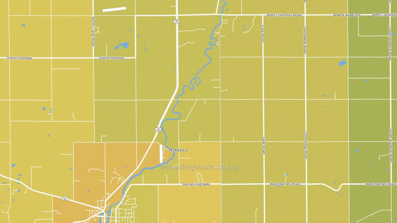 Map of the best neighborhoods in the Petrieville area, with better matches in green and worse matches in red