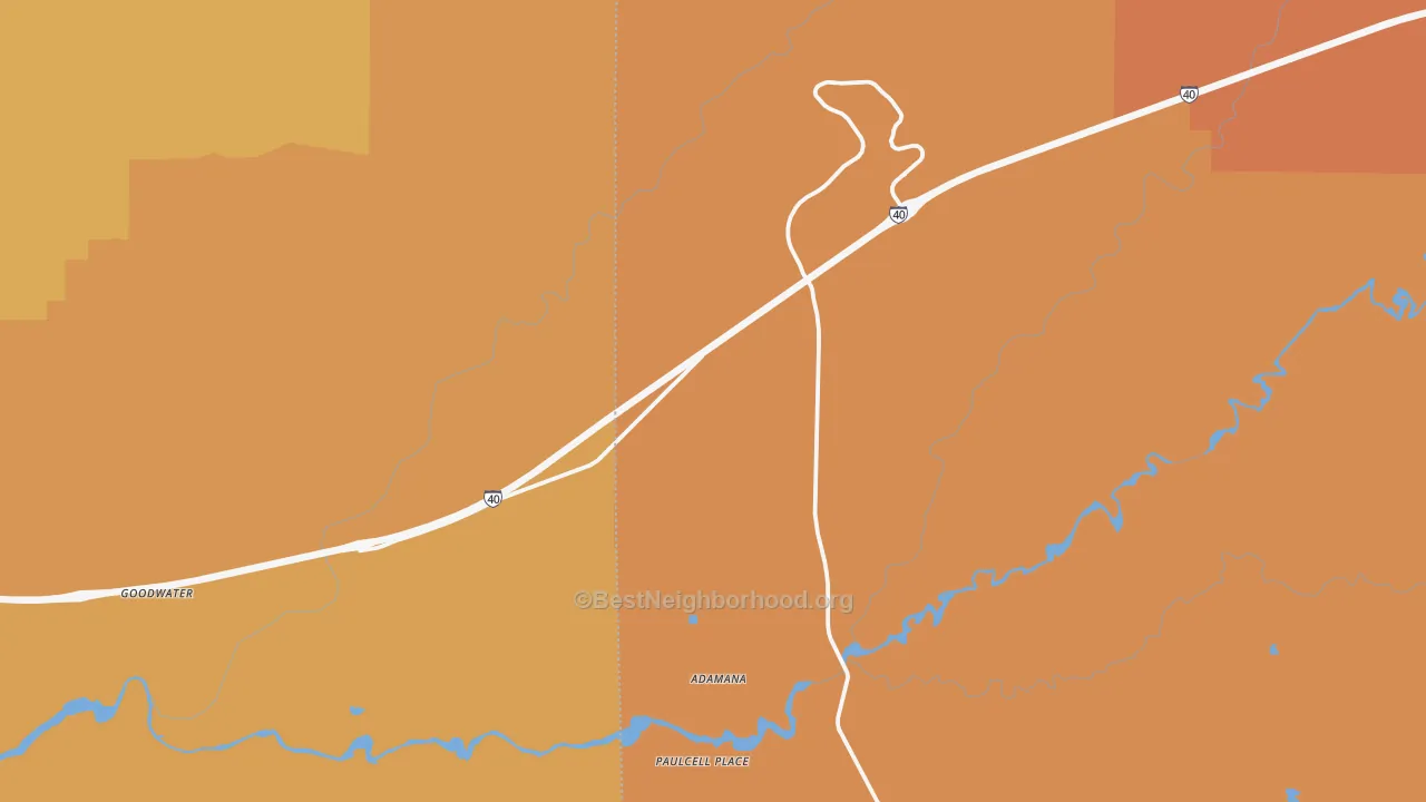 Map of the best neighborhoods in the Petrified Forest Natl Pk area, with better matches in green and worse matches in red