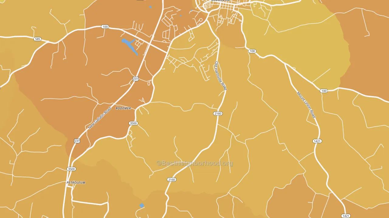 Map of the best neighborhoods in the Petroleum area, with better matches in green and worse matches in red