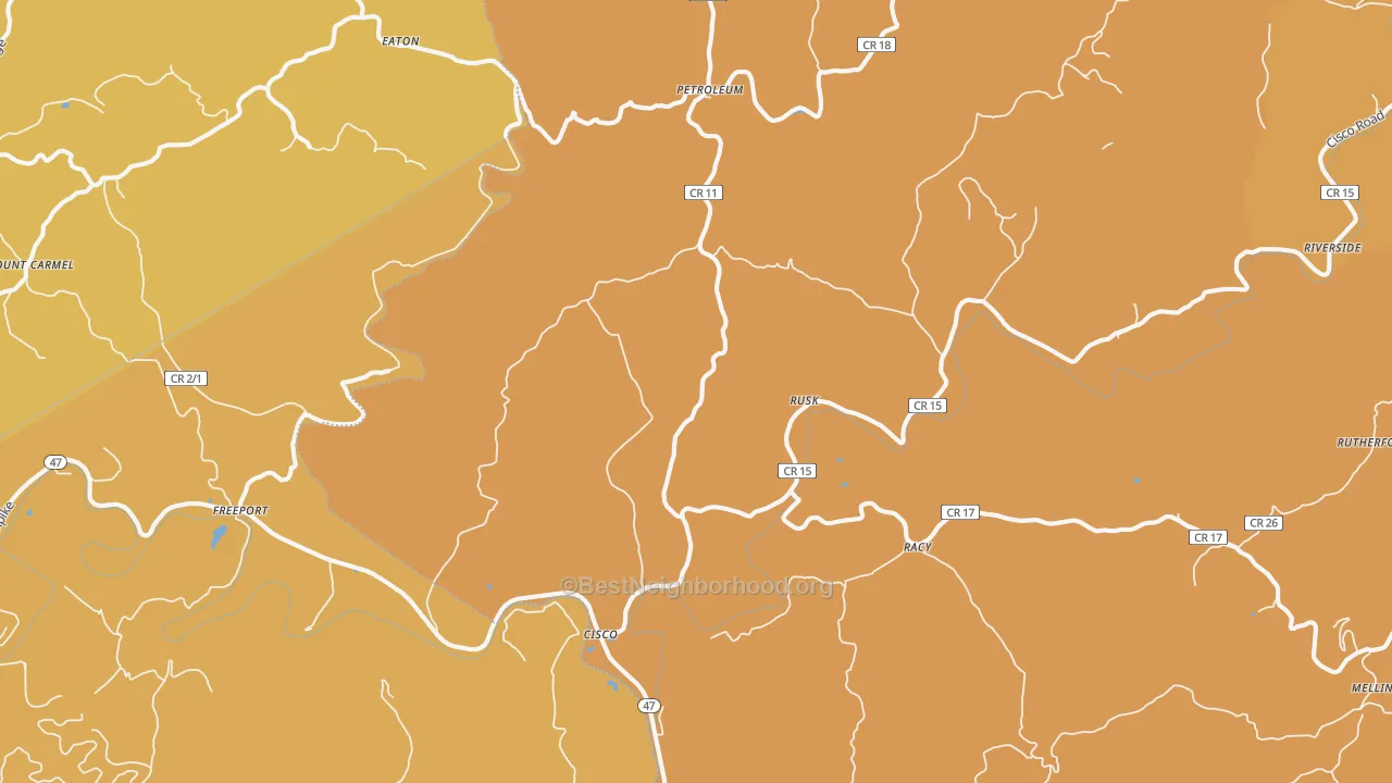 Map of the best neighborhoods in the Petroleum area, with better matches in green and worse matches in red