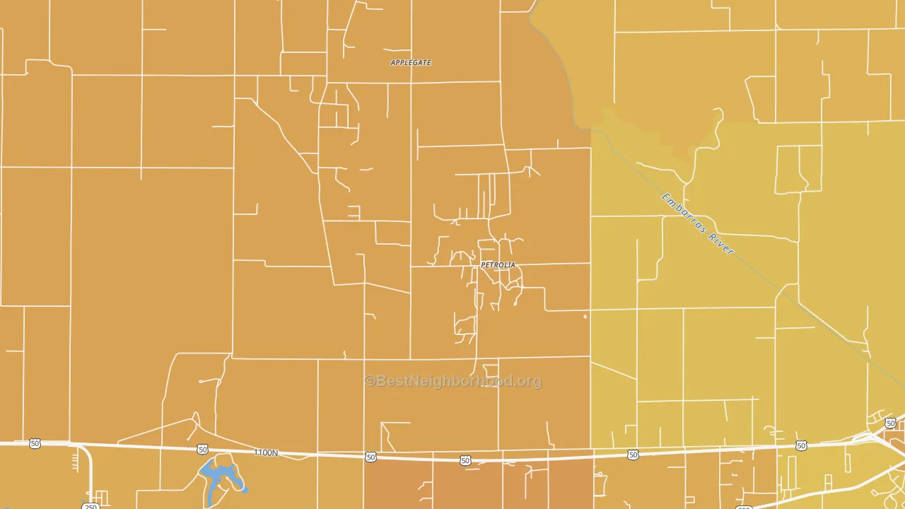 Map of the best neighborhoods in the Petrolia area, with better matches in green and worse matches in red