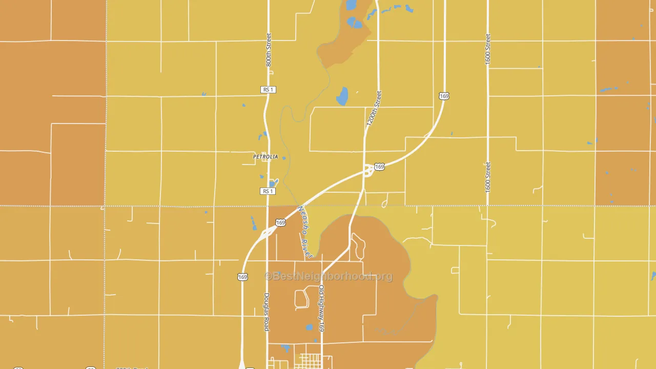 Map of the best neighborhoods in the Petrolia area, with better matches in green and worse matches in red