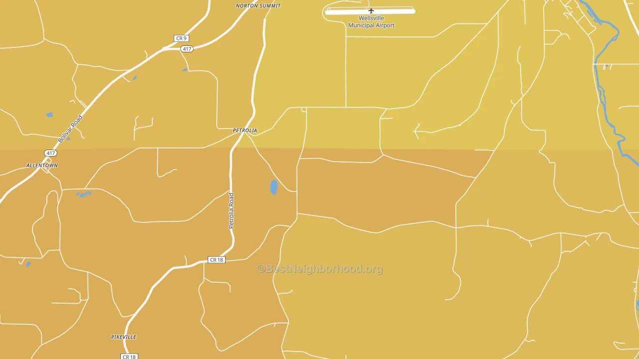 Map of the best neighborhoods in the Petrolia area, with better matches in green and worse matches in red