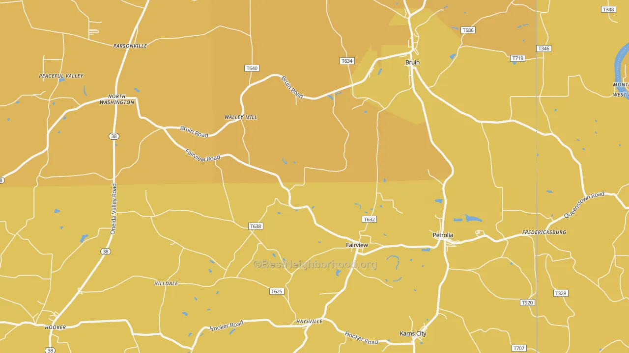 Map of the best neighborhoods in the Petrolia area, with better matches in green and worse matches in red