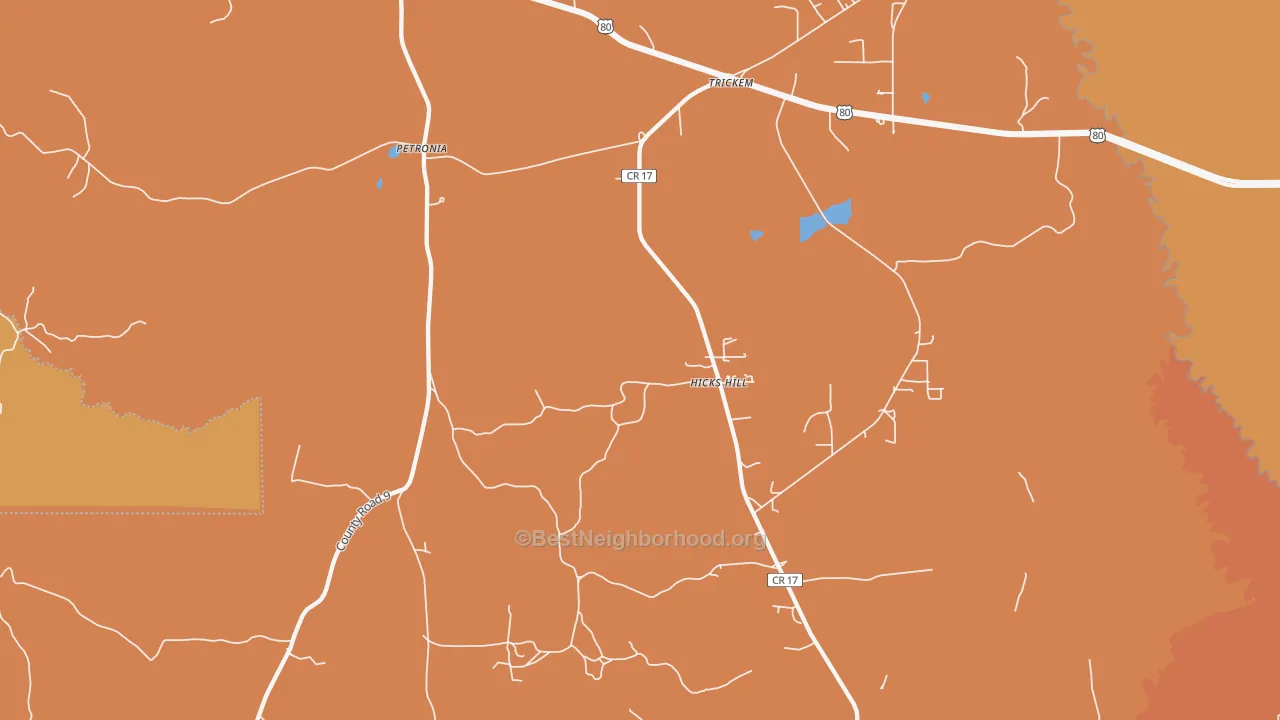 Map of the best neighborhoods in the Petronia area, with better matches in green and worse matches in red