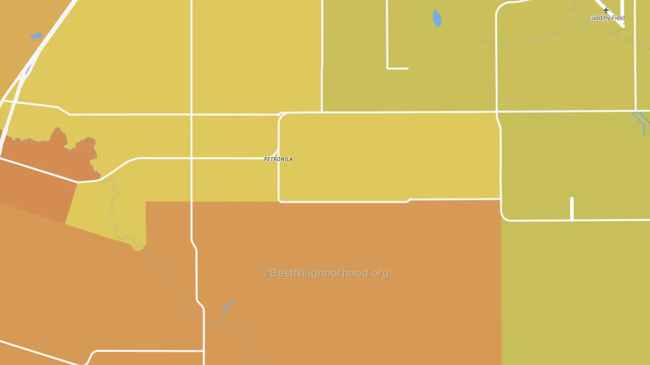 Map of the best neighborhoods in the Petronila area, with better matches in green and worse matches in red