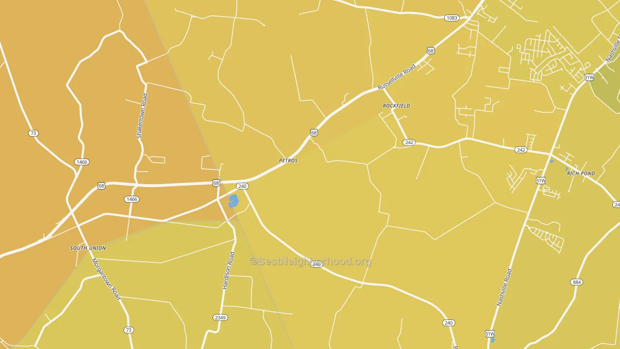 Map of the best neighborhoods in the Petros area, with better matches in green and worse matches in red