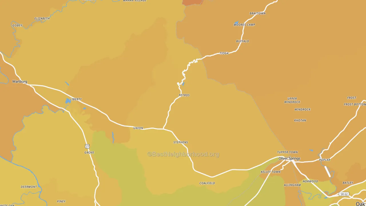 Map of the best neighborhoods in the Petros area, with better matches in green and worse matches in red