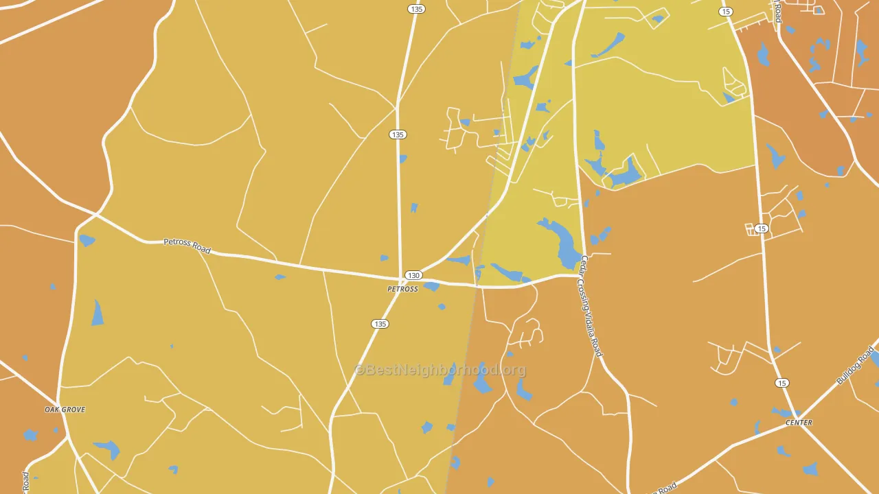 Map of the best neighborhoods in the Petross area, with better matches in green and worse matches in red