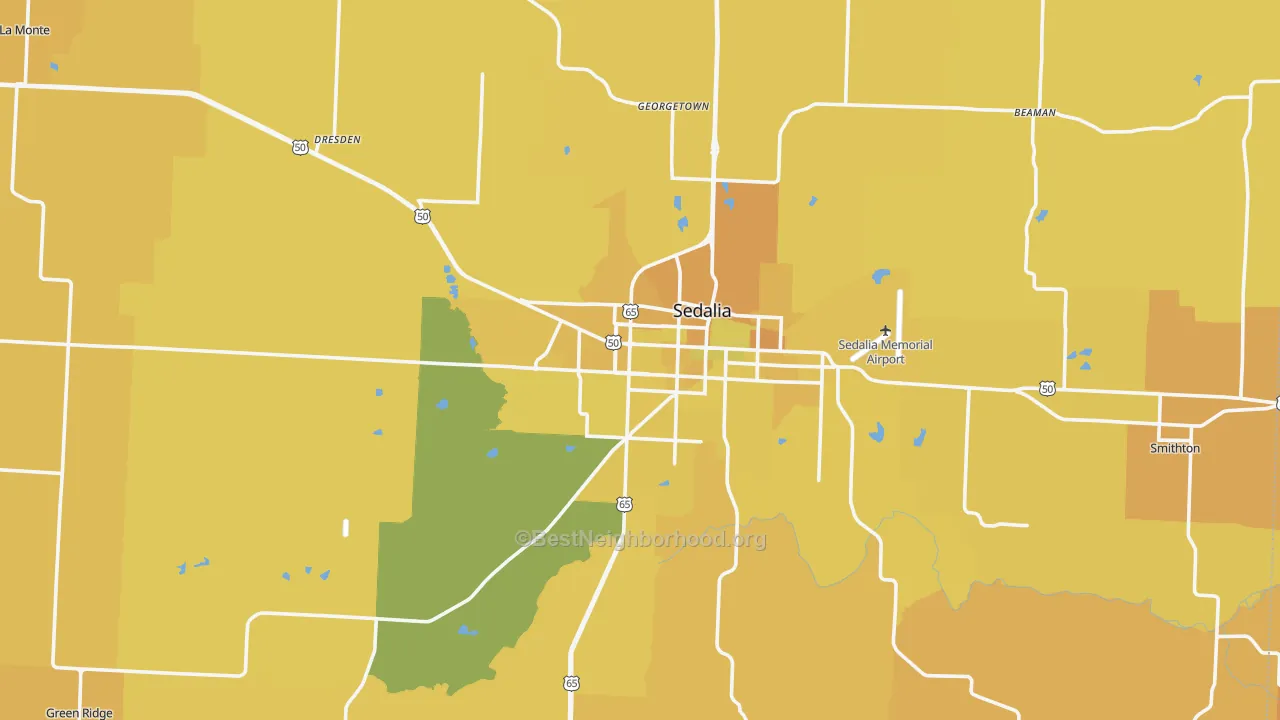 Map of the best neighborhoods in the Pettis County area, with better matches in green and worse matches in red