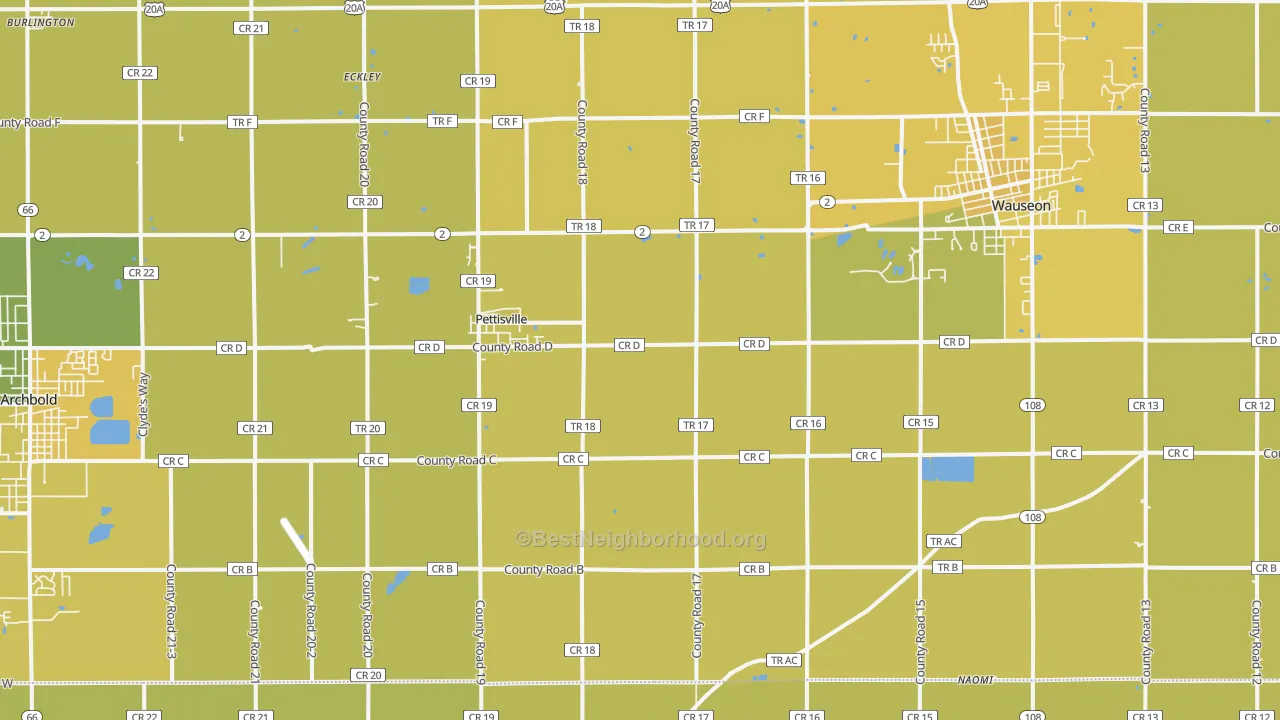 Map of the best neighborhoods in the Pettisville area, with better matches in green and worse matches in red