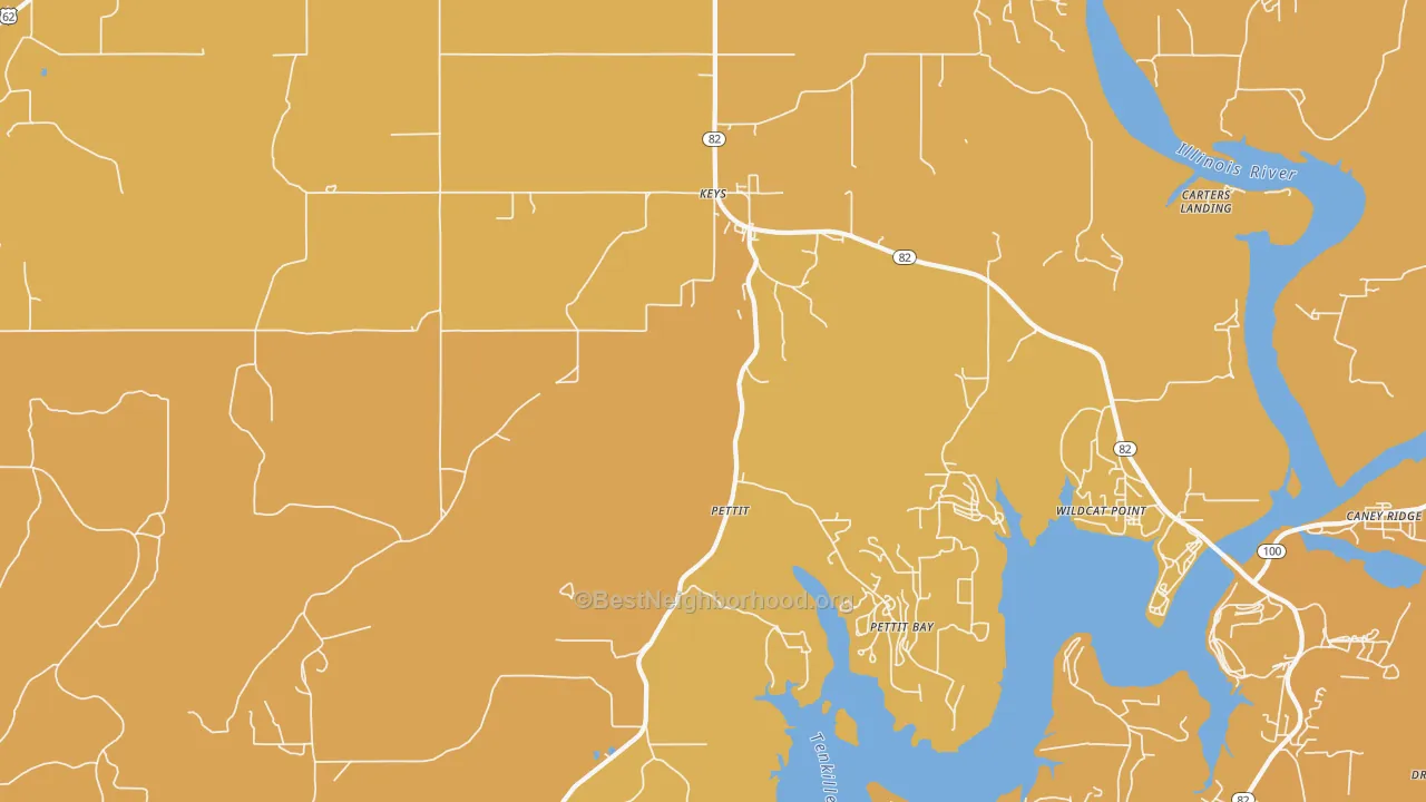 Map of the best neighborhoods in the Pettit area, with better matches in green and worse matches in red