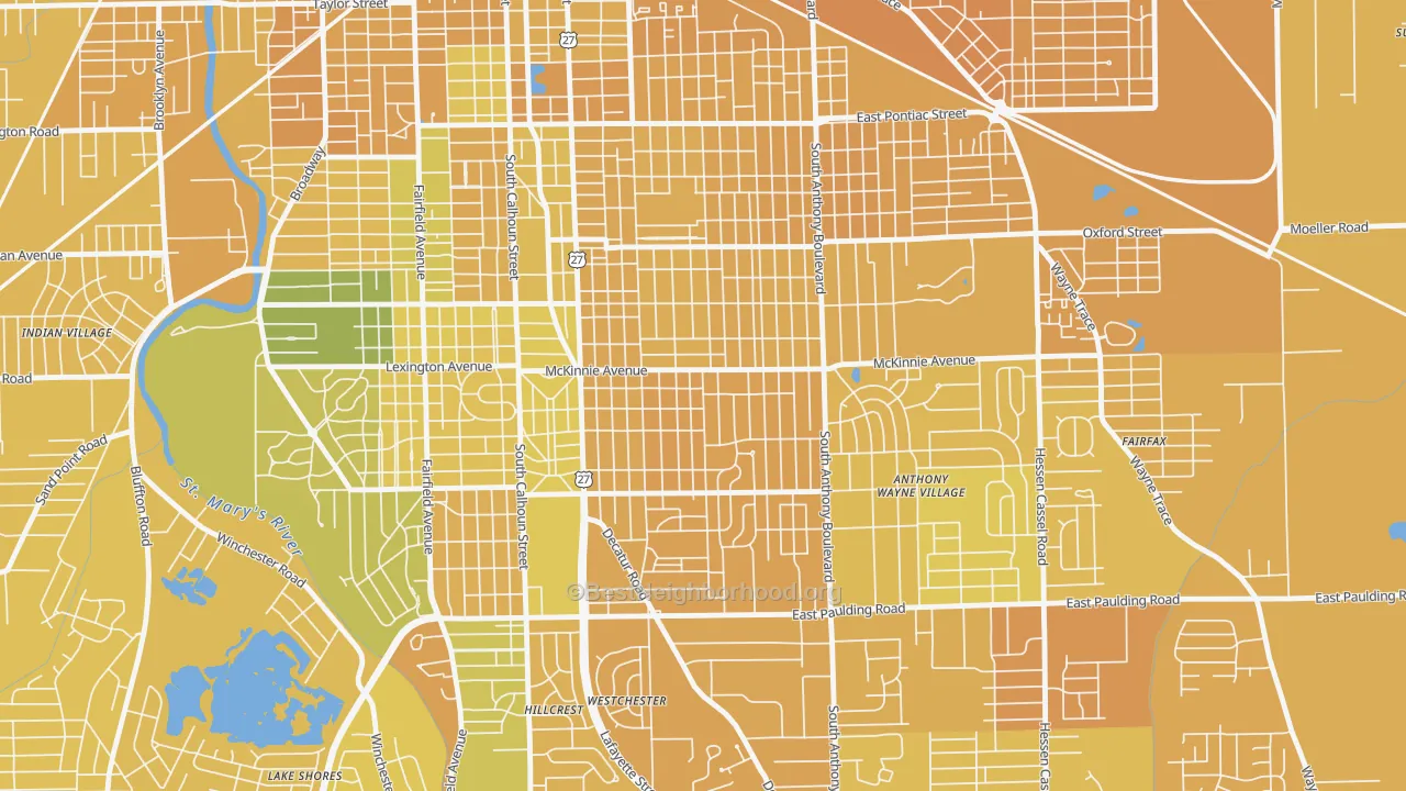 Map of the best neighborhoods in the Pettit-Rudisill, Fort Wayne area, with better matches in green and worse matches in red
