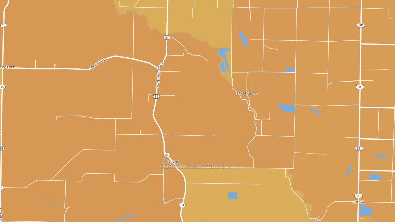Map of the best neighborhoods in the Pettus area, with better matches in green and worse matches in red