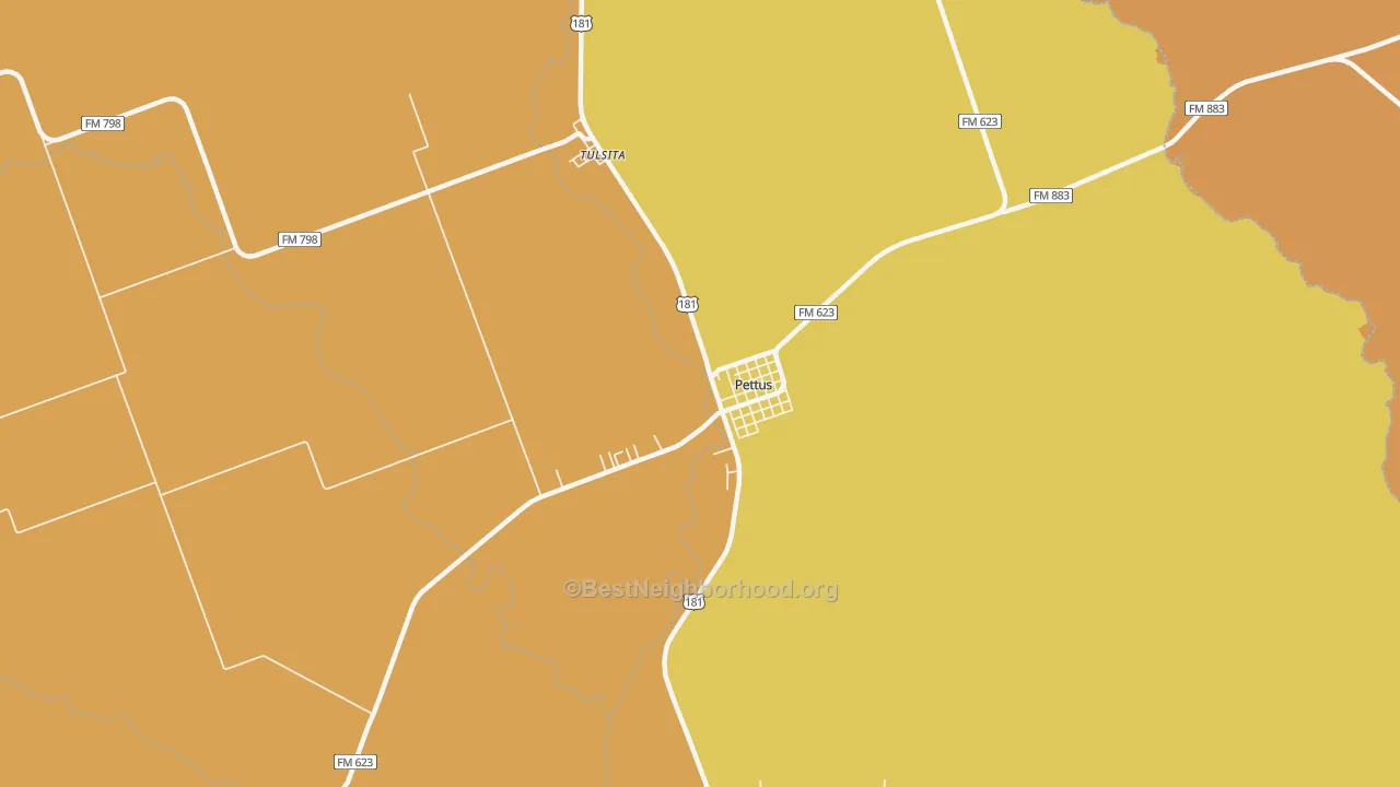 Map of the best neighborhoods in the Pettus area, with better matches in green and worse matches in red