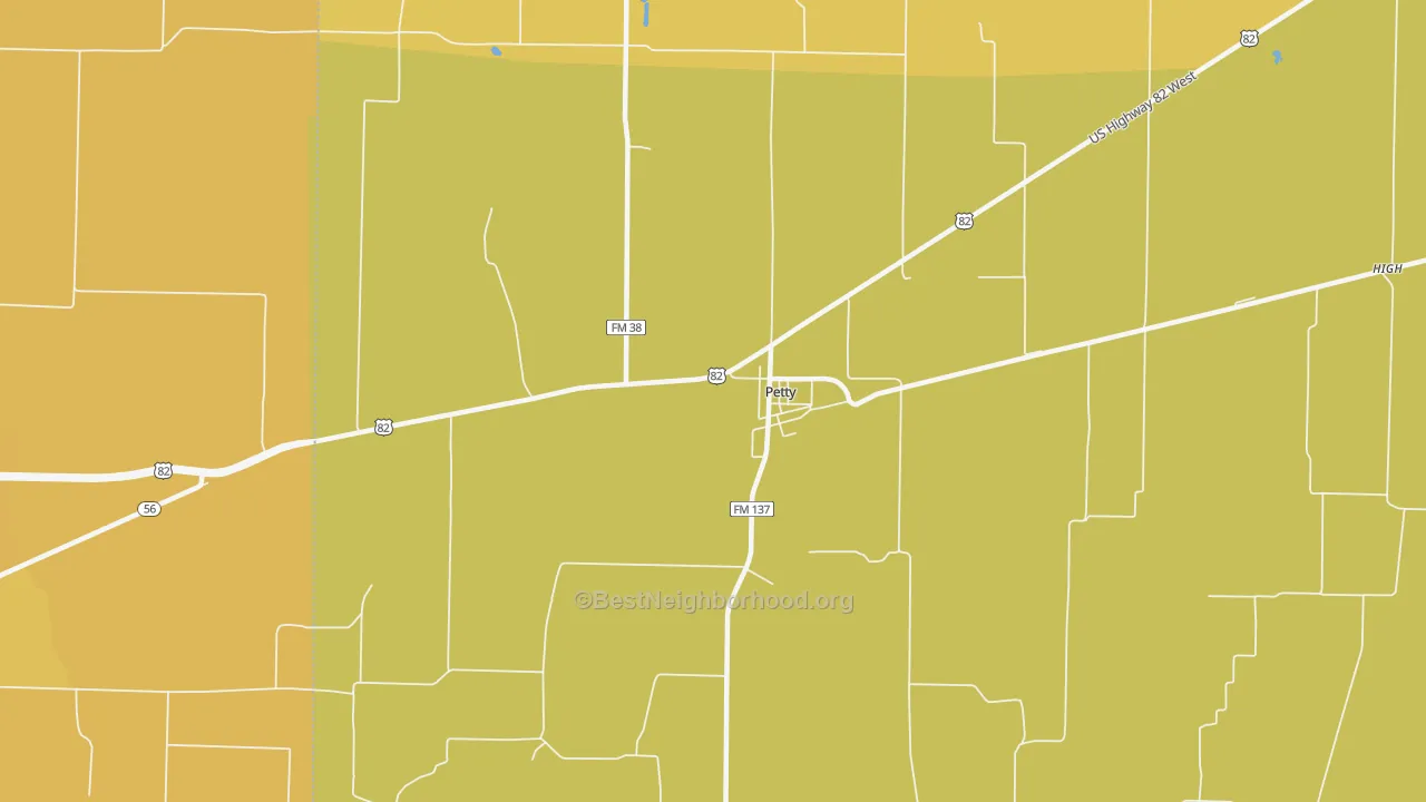 Map of the best neighborhoods in the Petty area, with better matches in green and worse matches in red