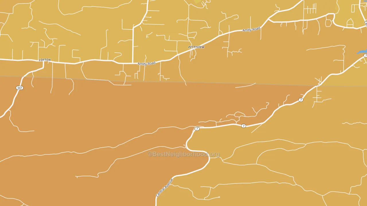 Map of the best neighborhoods in the Pettyview area, with better matches in green and worse matches in red