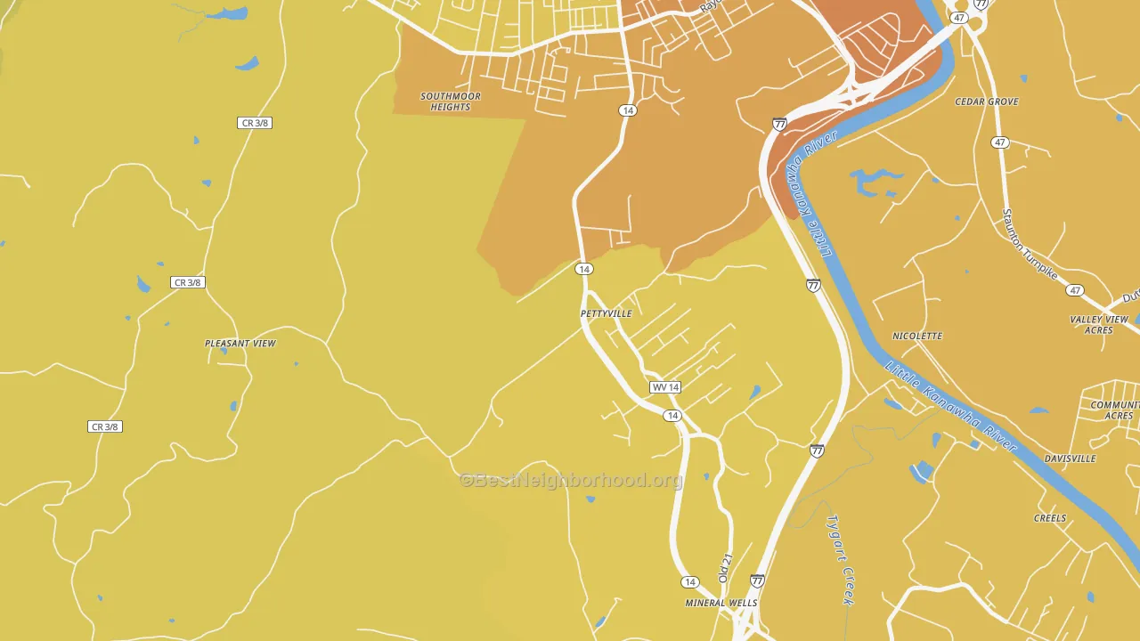 Map of the best neighborhoods in the Pettyville area, with better matches in green and worse matches in red