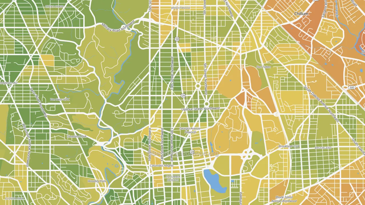Map of the best neighborhoods in the Petworth, Washington area, with better matches in green and worse matches in red