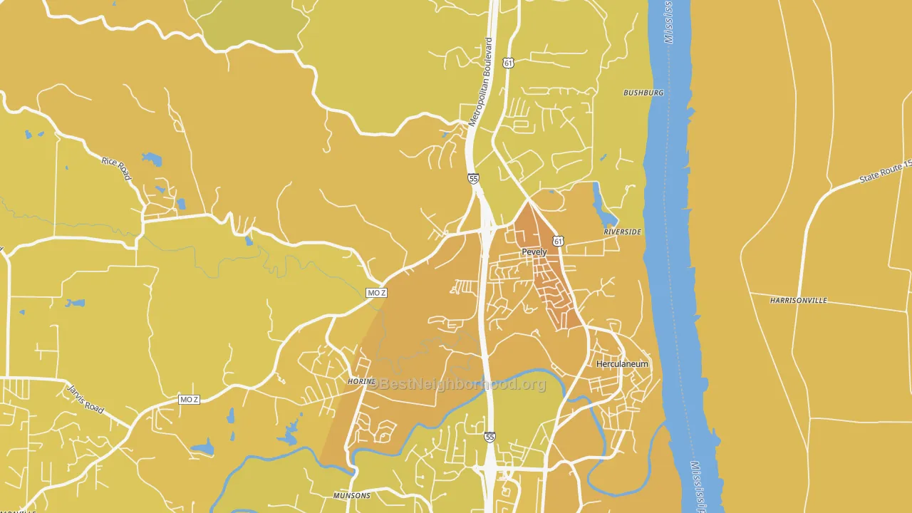 Map of the best neighborhoods in the Pevely area, with better matches in green and worse matches in red