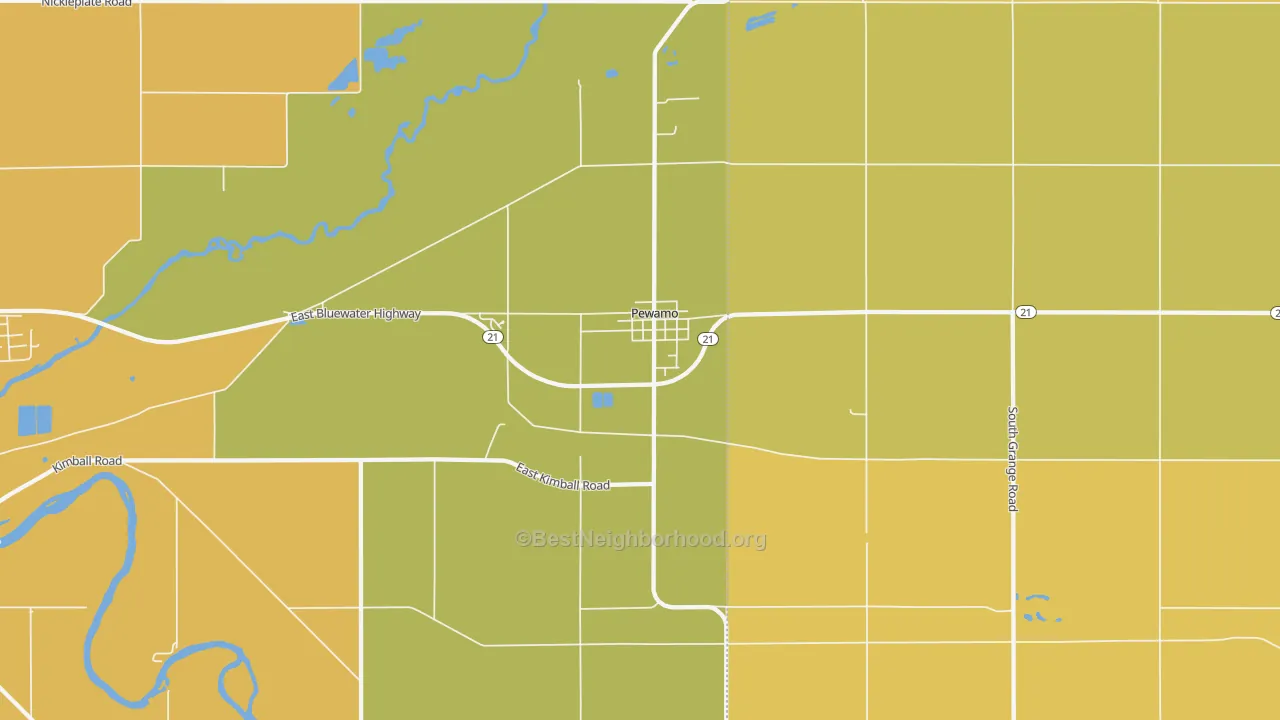 Map of the best neighborhoods in the Pewamo area, with better matches in green and worse matches in red
