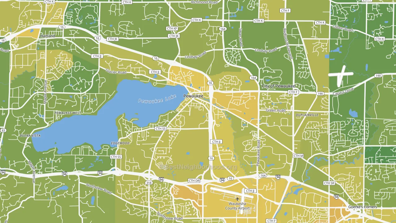 Map of the best neighborhoods in the Pewaukee area, with better matches in green and worse matches in red