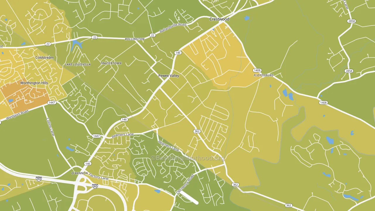 Map of the best neighborhoods in the Pewee Valley area, with better matches in green and worse matches in red