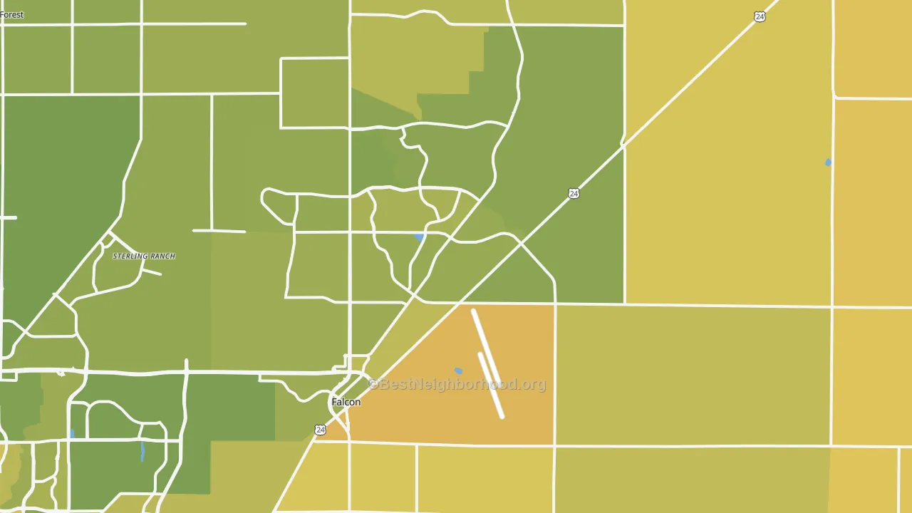 Map of the best neighborhoods in the Peyton area, with better matches in green and worse matches in red