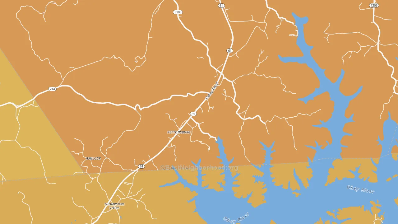 Map of the best neighborhoods in the Peytonsburg area, with better matches in green and worse matches in red