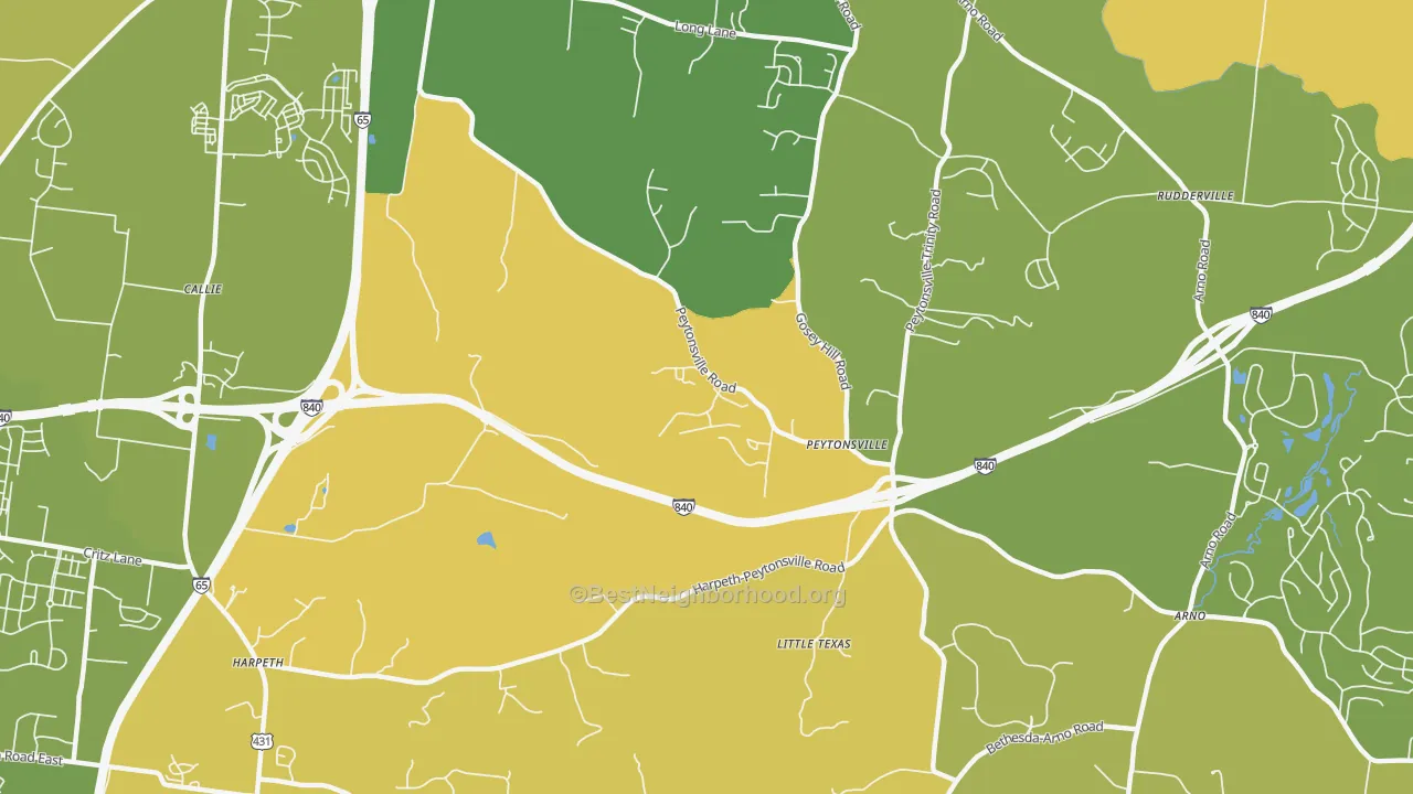 Map of the best neighborhoods in the Peytonsville area, with better matches in green and worse matches in red