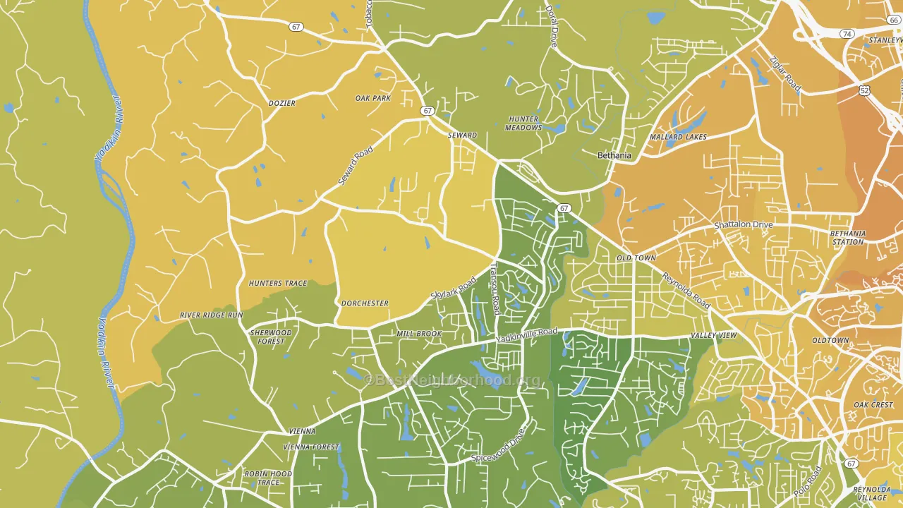 Map of the best neighborhoods in the Pfafftown area, with better matches in green and worse matches in red