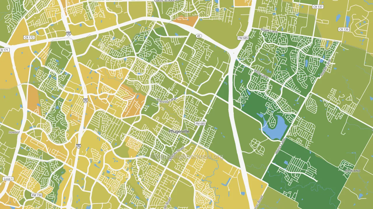 Map of the best neighborhoods in the Pflugerville area, with better matches in green and worse matches in red