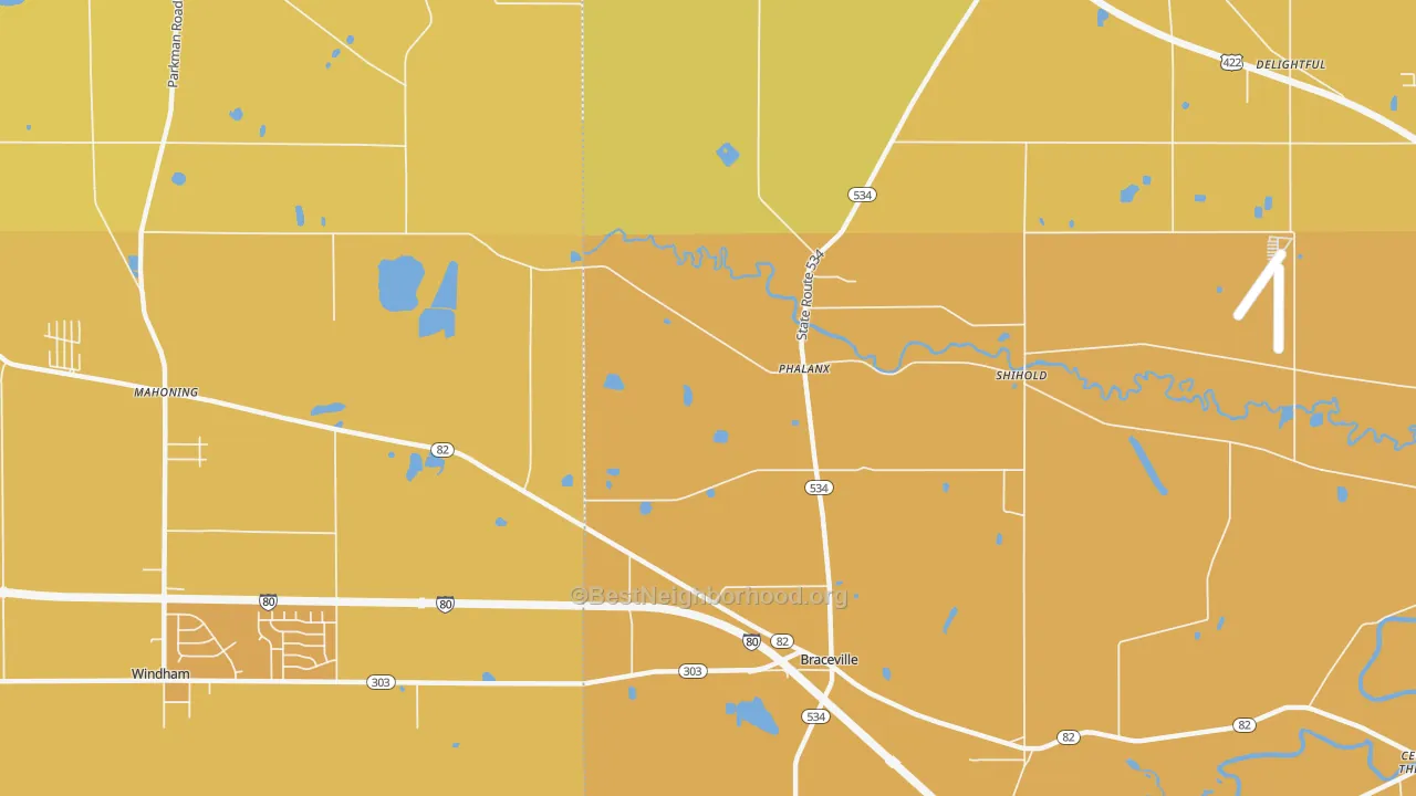 Map of the best neighborhoods in the Phalanx area, with better matches in green and worse matches in red