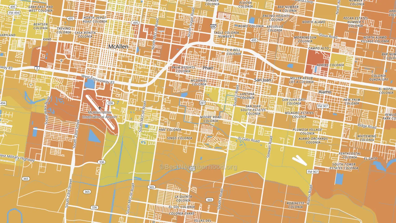 Map of the best neighborhoods in the Pharr area, with better matches in green and worse matches in red