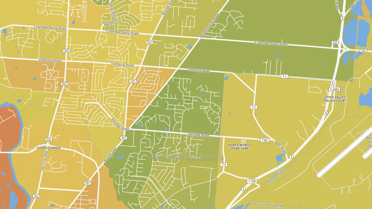 Map of the best neighborhoods in the Pheasant Hill, Dayton area, with better matches in green and worse matches in red