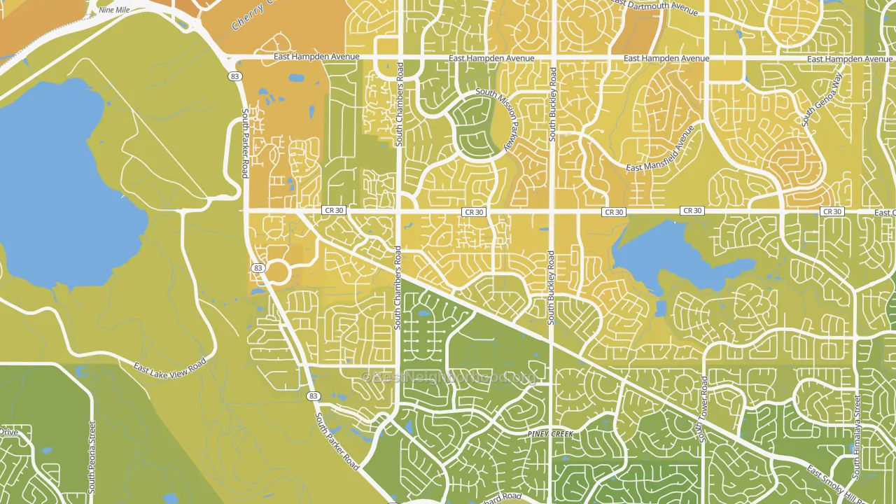 Map of the best neighborhoods in the Pheasant Run, Aurora area, with better matches in green and worse matches in red