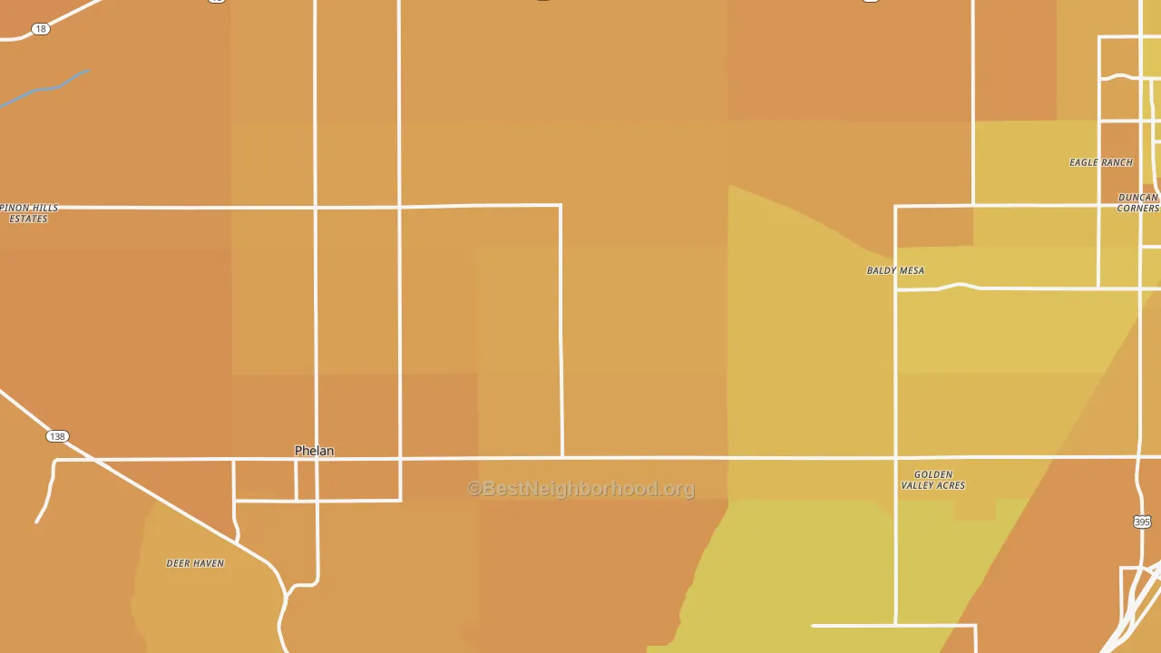 Map of the best neighborhoods in the Phelan area, with better matches in green and worse matches in red