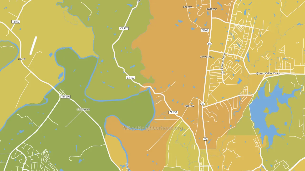 Map of the best neighborhoods in the Phelan area, with better matches in green and worse matches in red