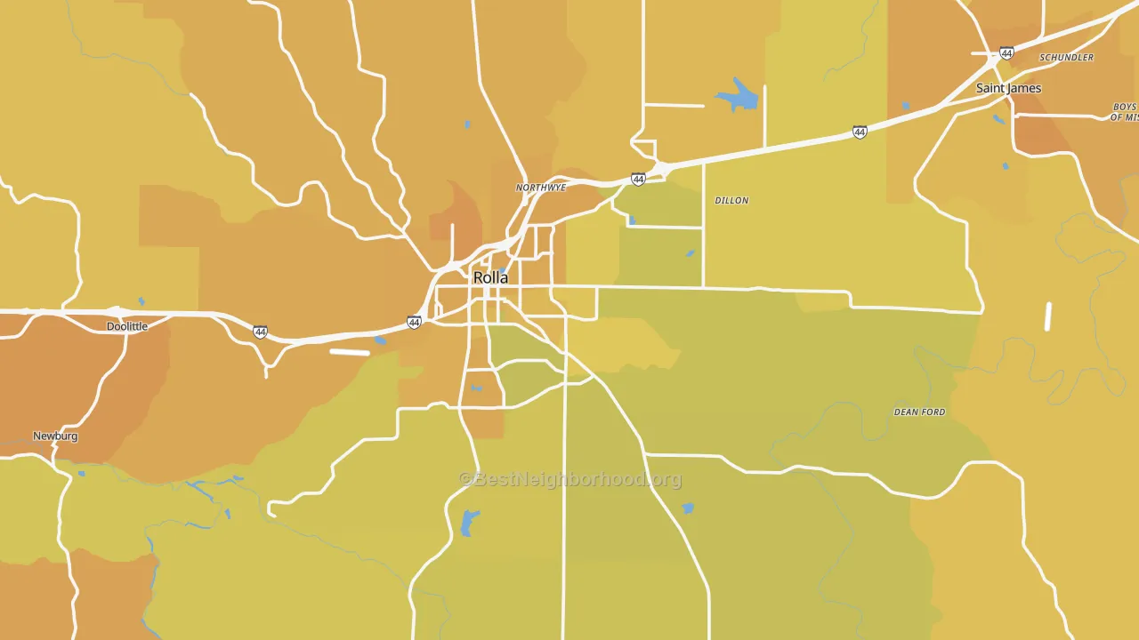 Map of the best neighborhoods in the Phelps County area, with better matches in green and worse matches in red